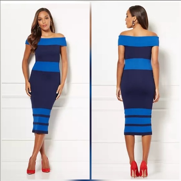 eva mendes for New York & Company Dresses & Skirts - ✨HP✨NY&Co Blue Striped Chantelle Sweater Dress